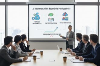 Groupe d'employés en formation sur l'intelligence artificielle avec ordinateurs portables
