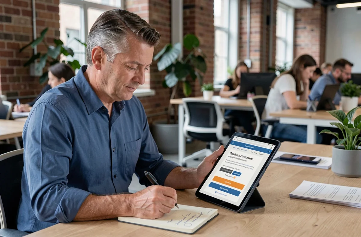 Homme en espace de coworking comparant les tarifs d'abonnement à un magazine de formation business sur une tablette