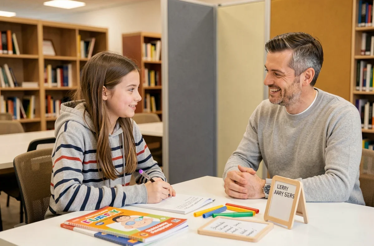 Jeune étudiante en session de soutien scolaire et de langues avec un tuteur dans un centre Acadomia à Cergy-Pontoise
