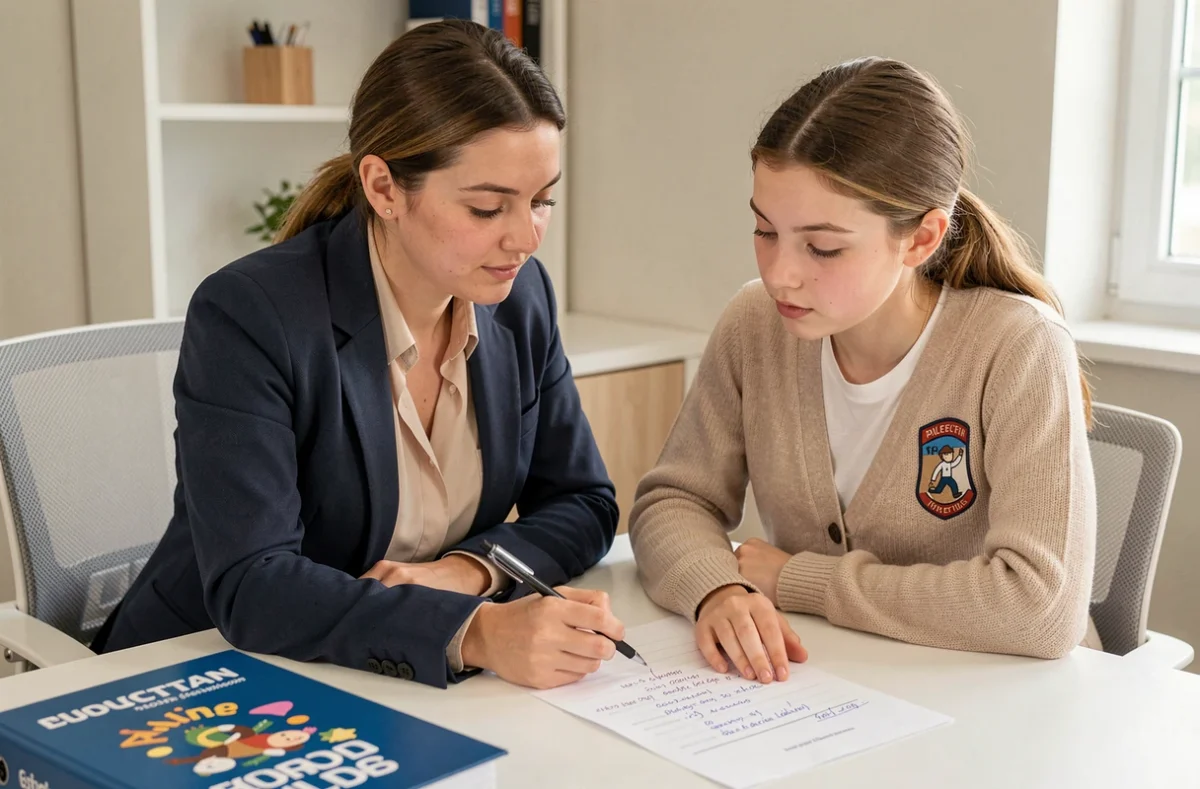 Une tutrice professionnelle d'Acadomia assise à côté d'une élève adolescente, travaillant ensemble sur une feuille d'exercices dans un bureau à domicile moderne