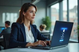 Femme professionnelle accédant à un extranet sécurisé pour entreprises sur un ordinateur portable en open space