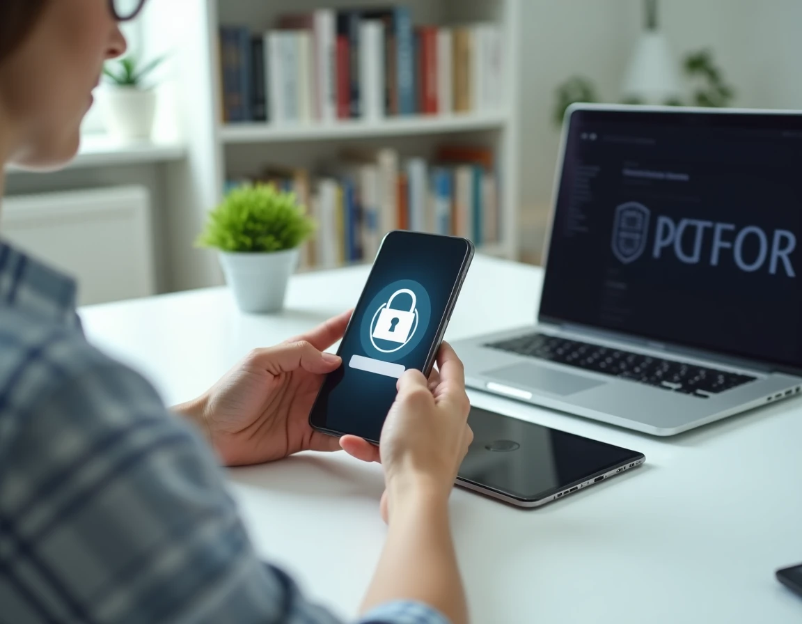 Femme consultant l'ENT AMU en toute sécurité depuis son domicile sur smartphone