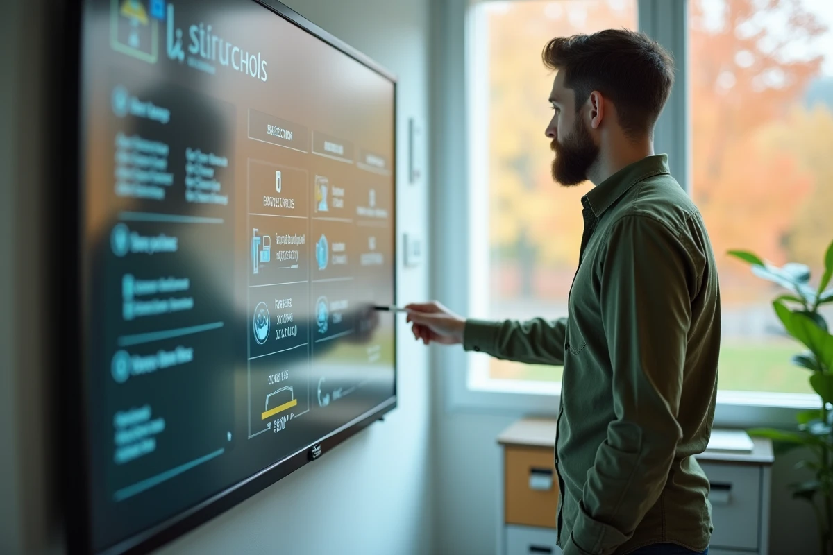 Administrateur informatique scolaire configurant les modules d'une plateforme éducative sur un tableau interactif