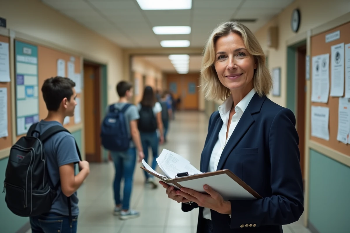 Administratrice de lycée guidant des nouveaux élèves vers un bureau d'accueil lors de la rentrée scolaire