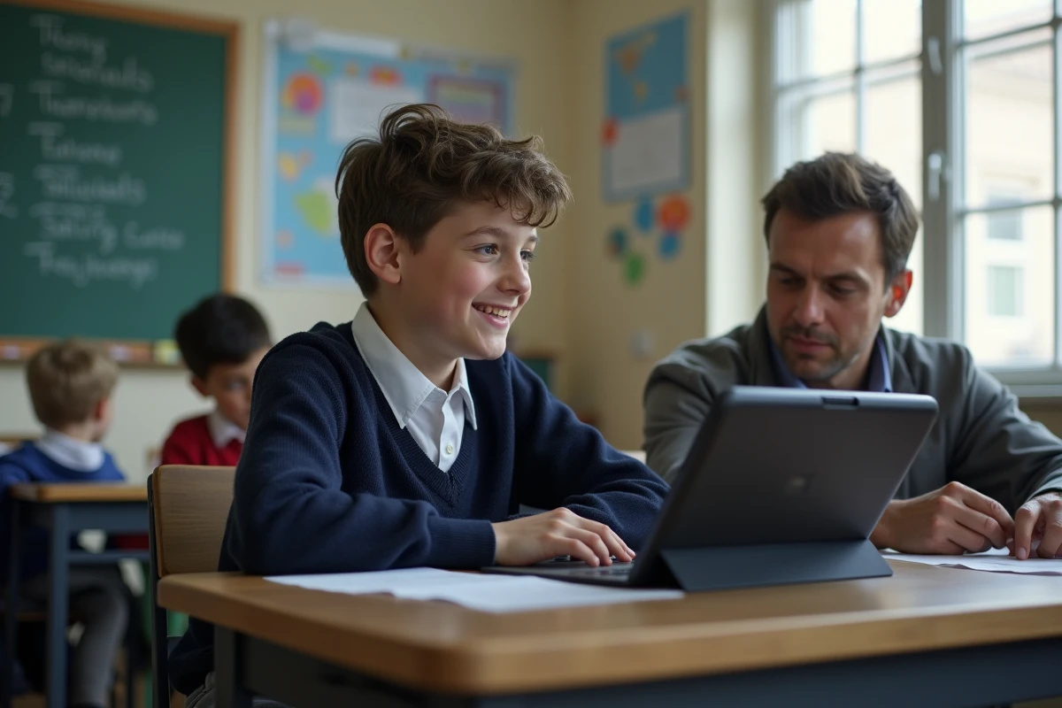 Adolescent et père discutant de devoirs avec tablette à l