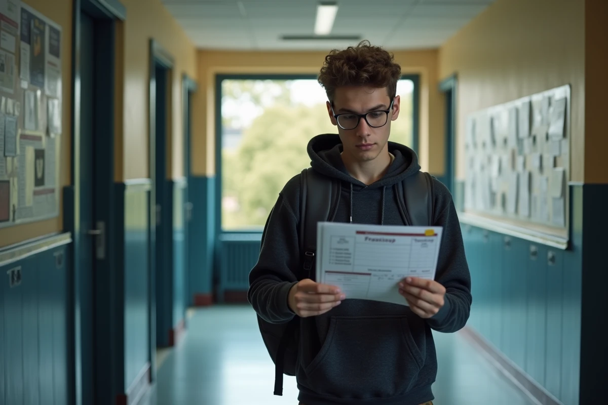 Adolescent étudiant dans le couloir scolaire vérifiant son suivi Parcoursup