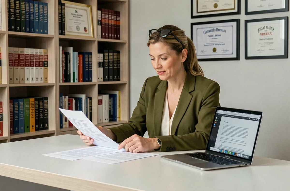 Consultante en rédaction et formation en anglais examinant des documents professionnels dans un bureau moderne
