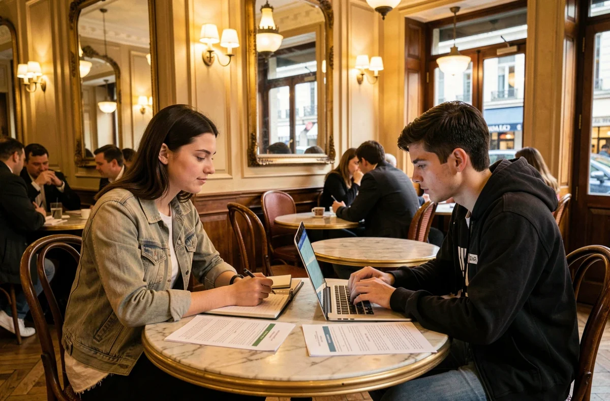 Un tuteur Apprentus aide un étudiant à se préparer à des tests standardisés dans un café parisien typique