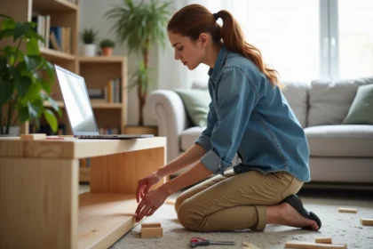 Femme assemble un meuble en bois dans un salon lumineux