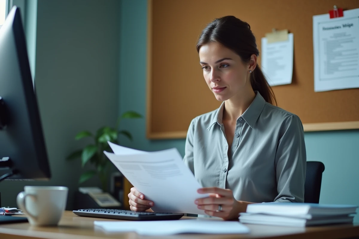 Fonctionnaire territoriale ATSEM consultant ses documents administratifs dans une mairie française