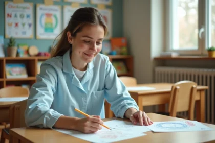 ATSEM titulaire en classe maternelle accompagnant des élèves dans une école publique française