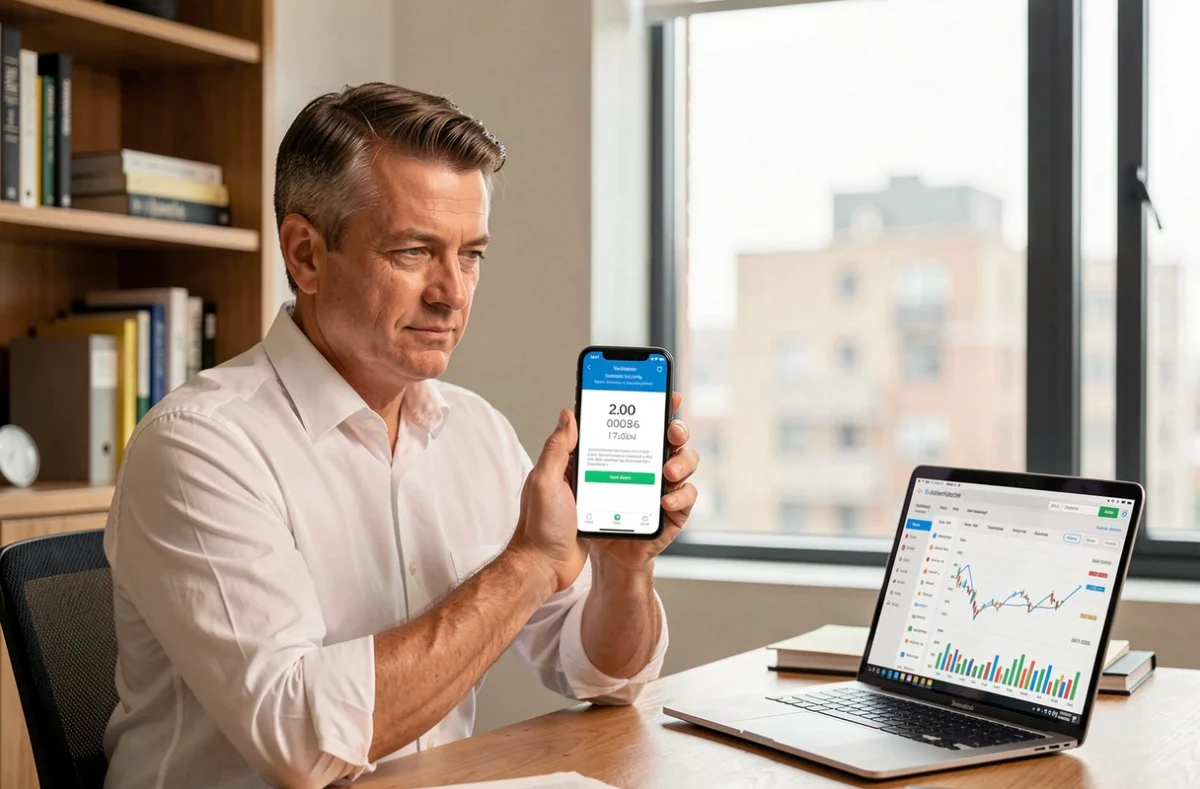 Homme utilisant une application d'authentification à deux facteurs pour protéger ses données bancaires UBS ENT