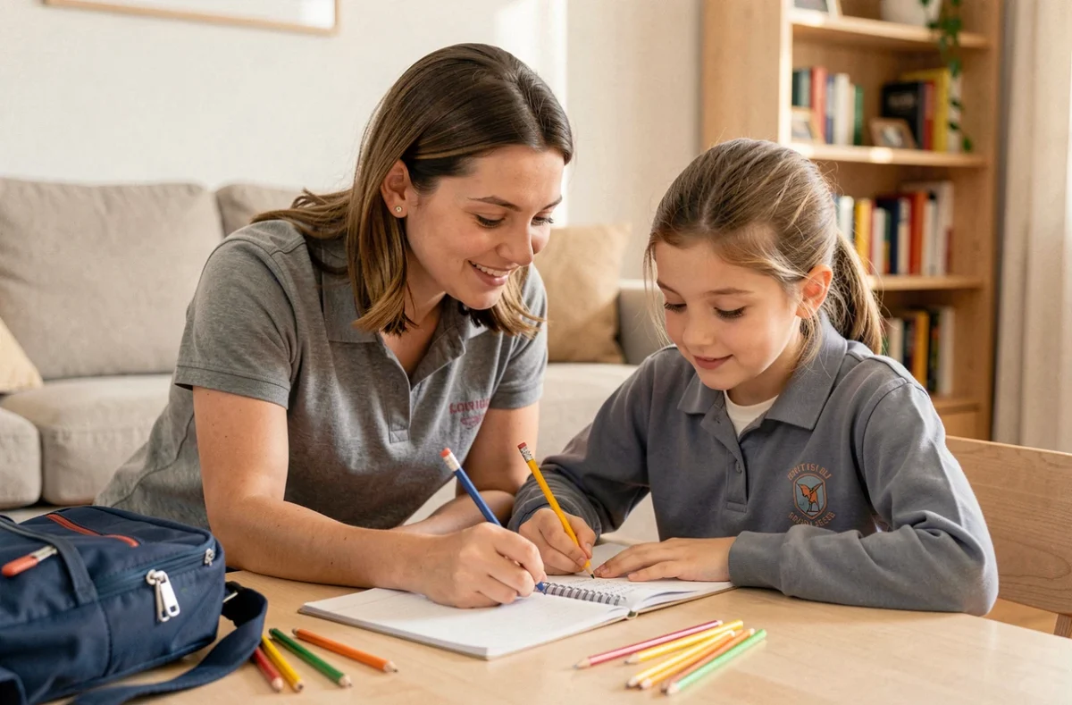 Une tutrice d'Auxiléo Services accompagnant une fillette dans ses devoirs après l'école, entourées de crayons et de cahiers sur une table en bois clair