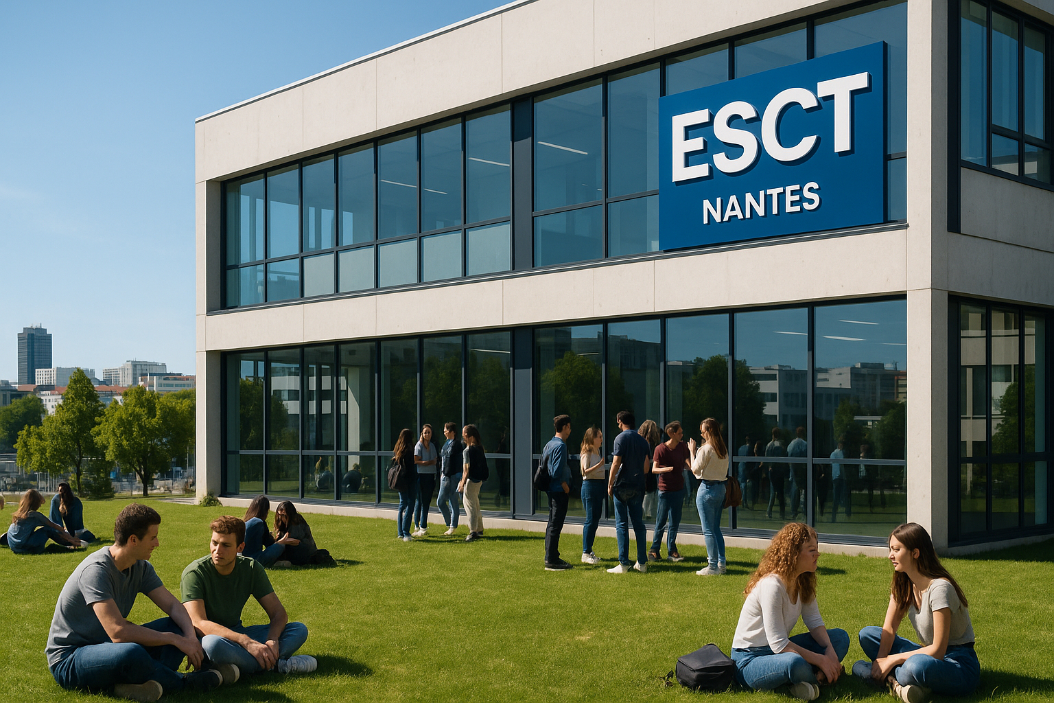Façade moderne d un bâtiment ESCT à Nantes avec étudiants dehors