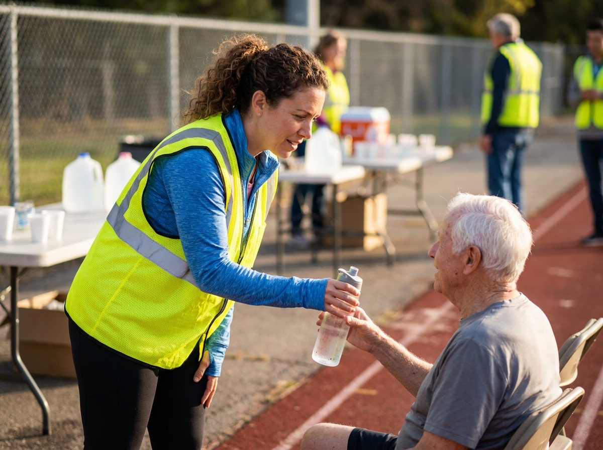 Bénévole sportive offrant de l'eau à un senior lors d'un événement sportif communautaire