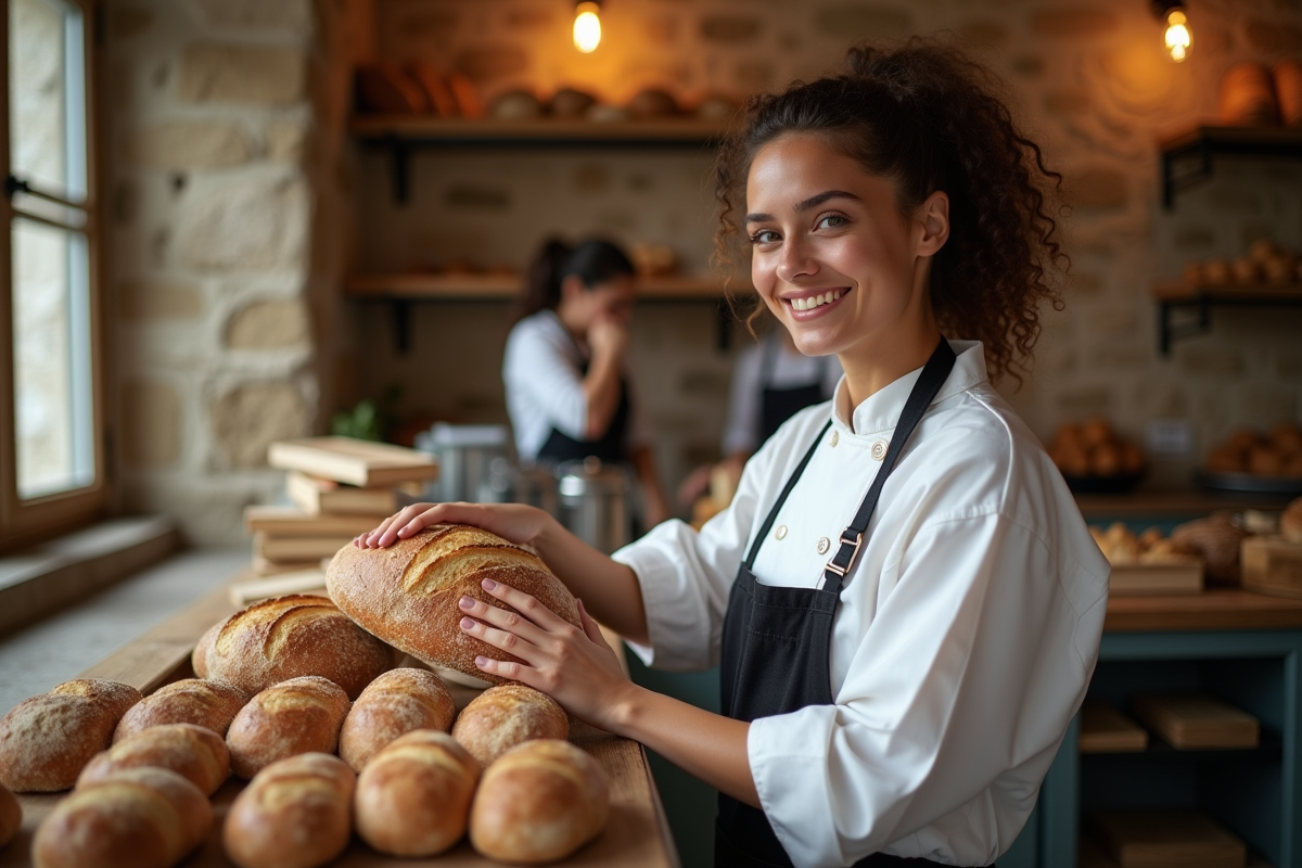 Jeune femme boulangerie arrangeant pain dans une boulangerie chaleureuse
