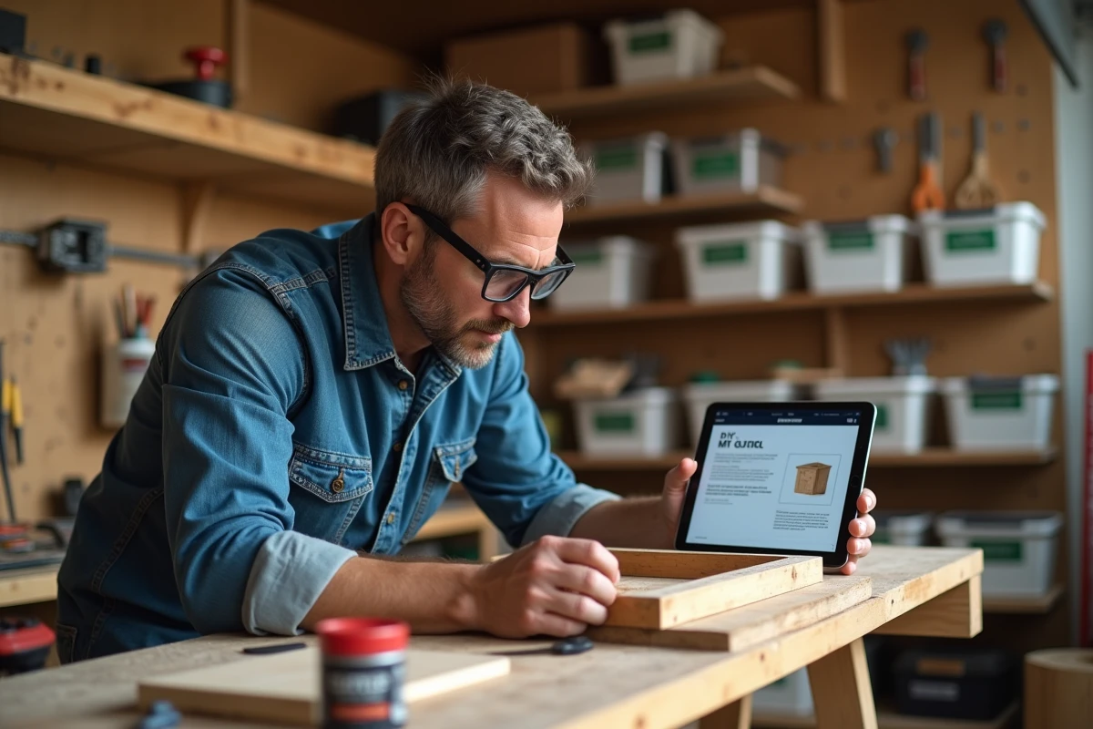 Bricoleur de 40 ans en atelier consultant un cours de bricolage en ligne sur tablette devant un établi en bois