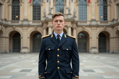 Cadet en uniforme de cérémonie devant une académie militaire française à l'architecture classique
