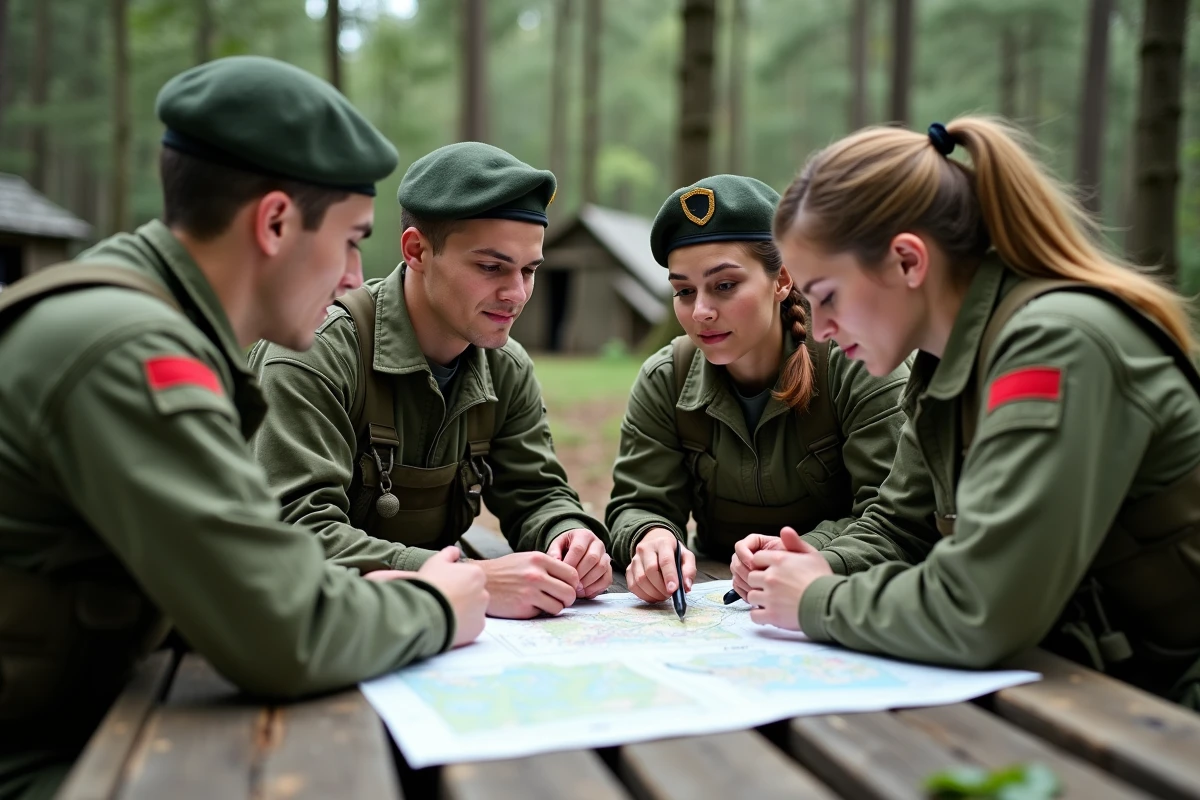 Groupe de cadets militaires en exercice de terrain autour d'une carte topographique dans un bois