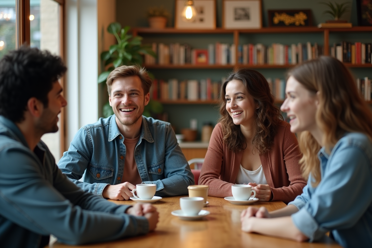 Jeunes adultes discutant dans un café chaleureux et convivial