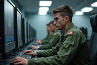 Jeune candidat pilote de chasse en combinaison de vol concentré sur un simulateur lors des tests de sélection militaire