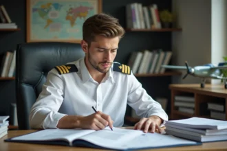 Jeune candidat pilote de ligne Air France étudiant un manuel d'aviation à son bureau, préparant la sélection cadet