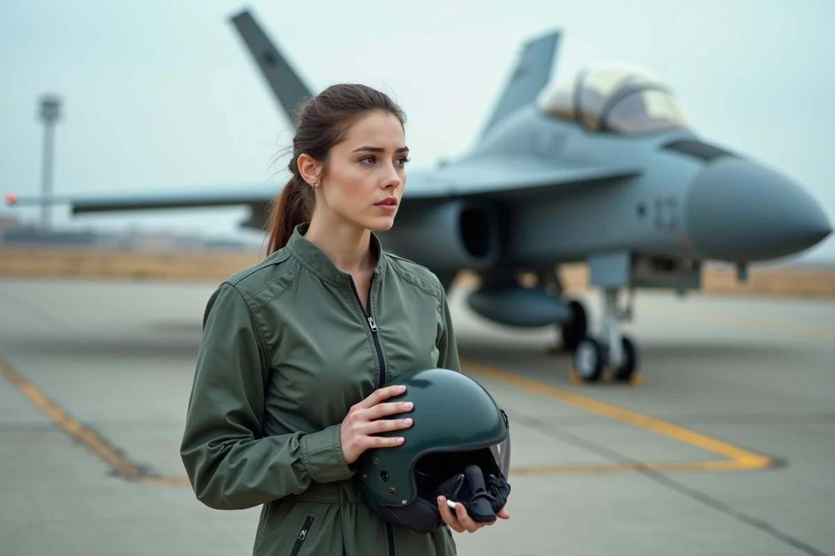Candidate pilote de chasse en combinaison de vol debout sur le tarmac d'une base aérienne devant un avion d'entraînement militaire