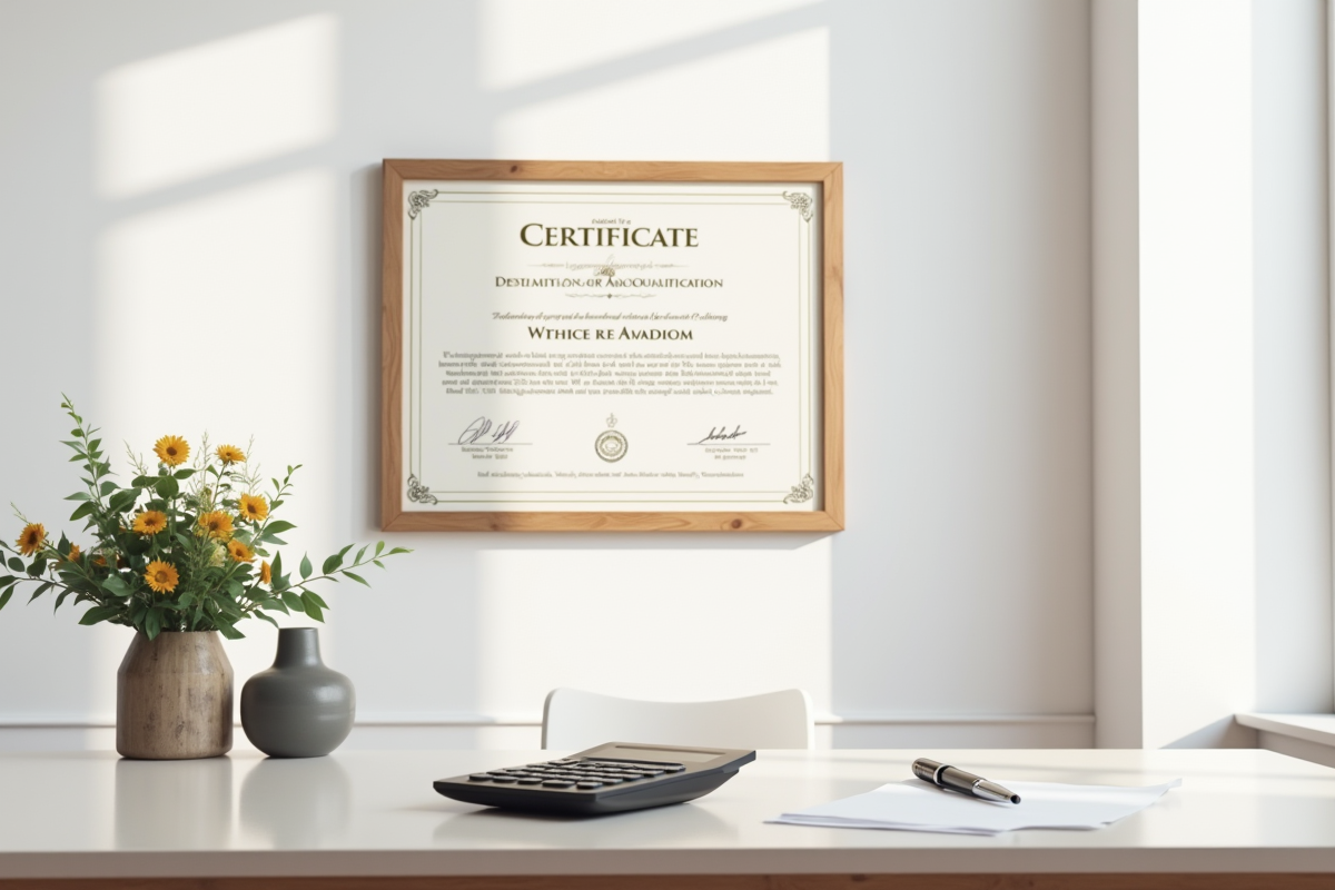 Certificat de comptabilite affiche en cadre sur un mur blanc