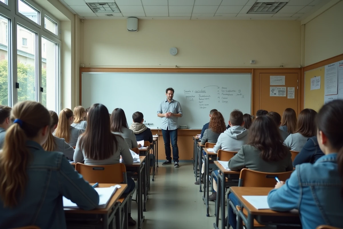 Professeur devant une classe complète au début de l'année scolaire dans un grand lycée français