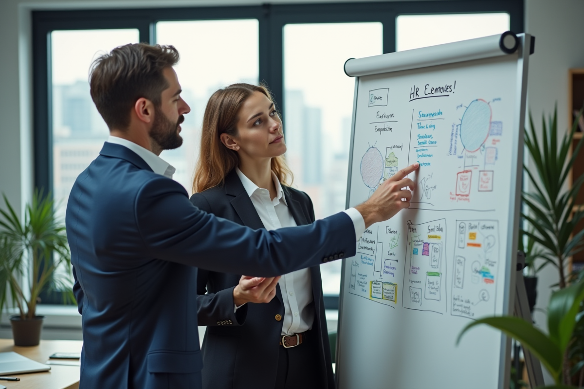 Manager RH et collaboratrice discutant devant un tableau blanc