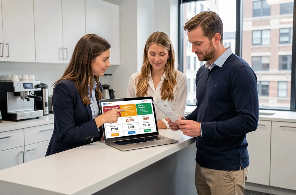 Deux collègues comparant les formules et prix d'abonnement à un magazine business en ligne dans une salle de pause de bureau moderne