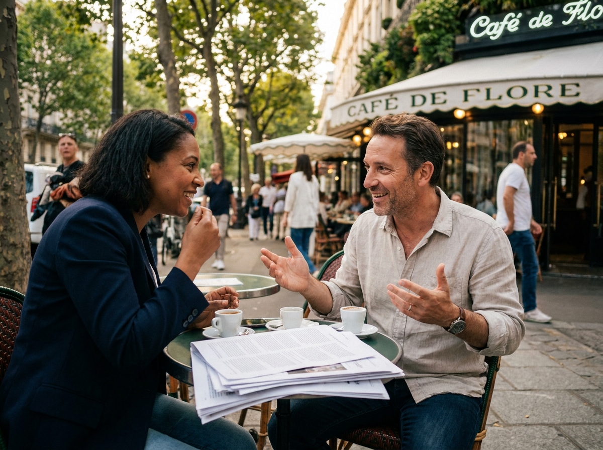 Deux collègues discutant de documents professionnels en terrasse de café dans un cadre urbain parisien