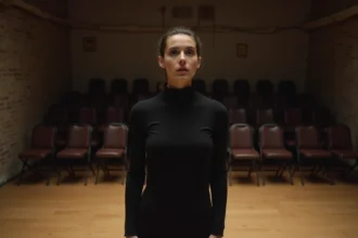Jeune comédienne répétant un monologue seule sur scène dans une salle de théâtre intimiste à Paris