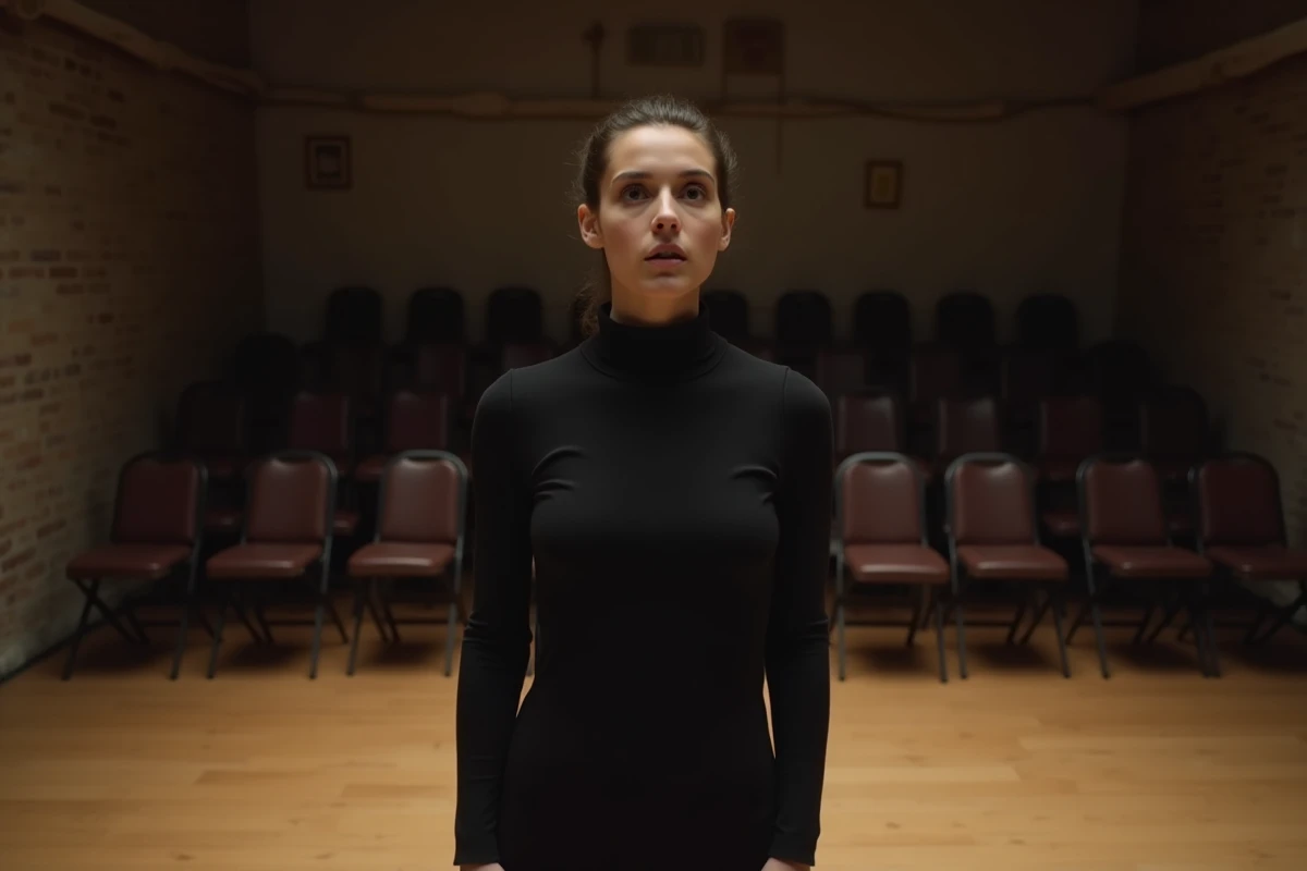 Jeune comédienne répétant un monologue seule sur scène dans une salle de théâtre intimiste à Paris