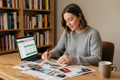 Femme comparant des formules d'abonnement magazine sur un bureau en bois avec un ordinateur portable affichant un site de comparaison de prix