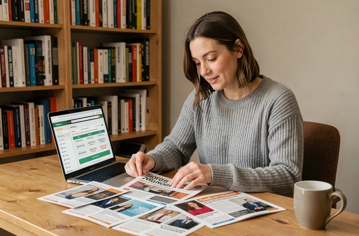 Femme comparant des formules d'abonnement magazine sur un bureau en bois avec un ordinateur portable affichant un site de comparaison de prix