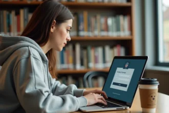 Étudiante se connectant à un portail mycampus Eduservices sur son ordinateur portable dans une bibliothèque universitaire