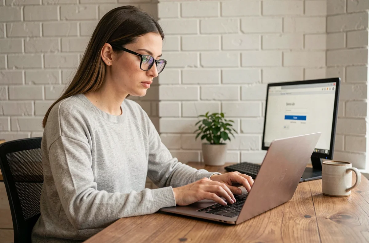Femme professionnelle connectée à un portail en ligne sur son ordinateur portable dans un bureau à domicile moderne