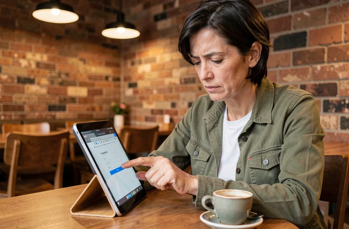Femme utilisant une tablette pour se connecter à un portail en ligne dans un café urbain