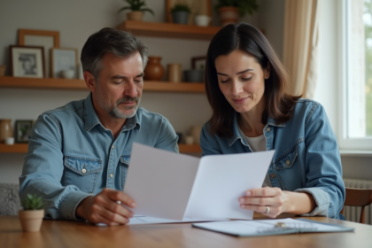 Femme et homme en train de revoir des papiers à la maison
