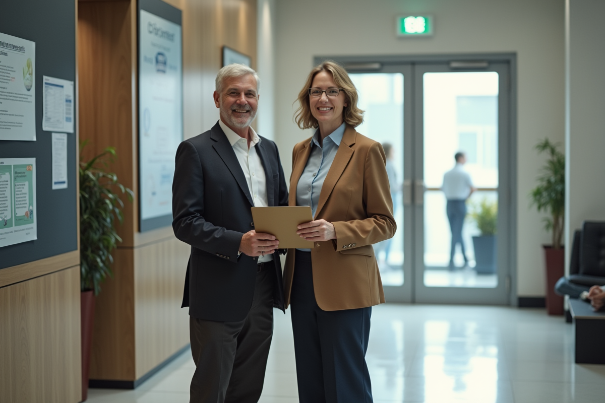 Couple au bureau administratif en interaction avec la reception