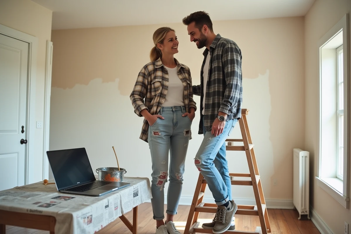 Couple de bricoleurs en train de rénover leur salon en consultant un cours DIY en ligne sur ordinateur portable