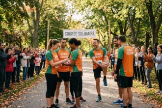 Groupe de coureurs solidaires au départ d'une course caritative dans un parc urbain en automne