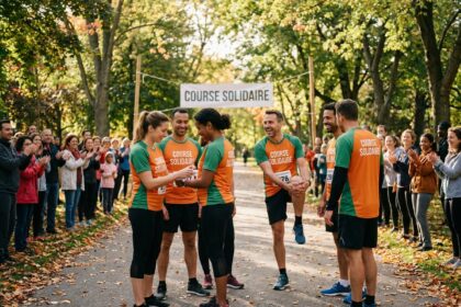 Groupe de coureurs solidaires au départ d'une course caritative dans un parc urbain en automne