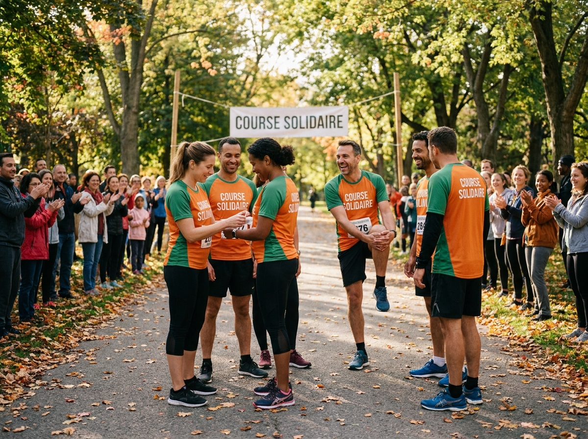 Groupe de coureurs solidaires au départ d'une course caritative dans un parc urbain en automne