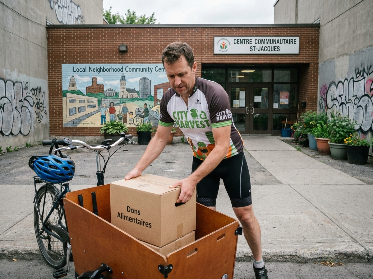 Cycliste bénévole chargeant des dons alimentaires dans un vélo cargo devant un centre communautaire
