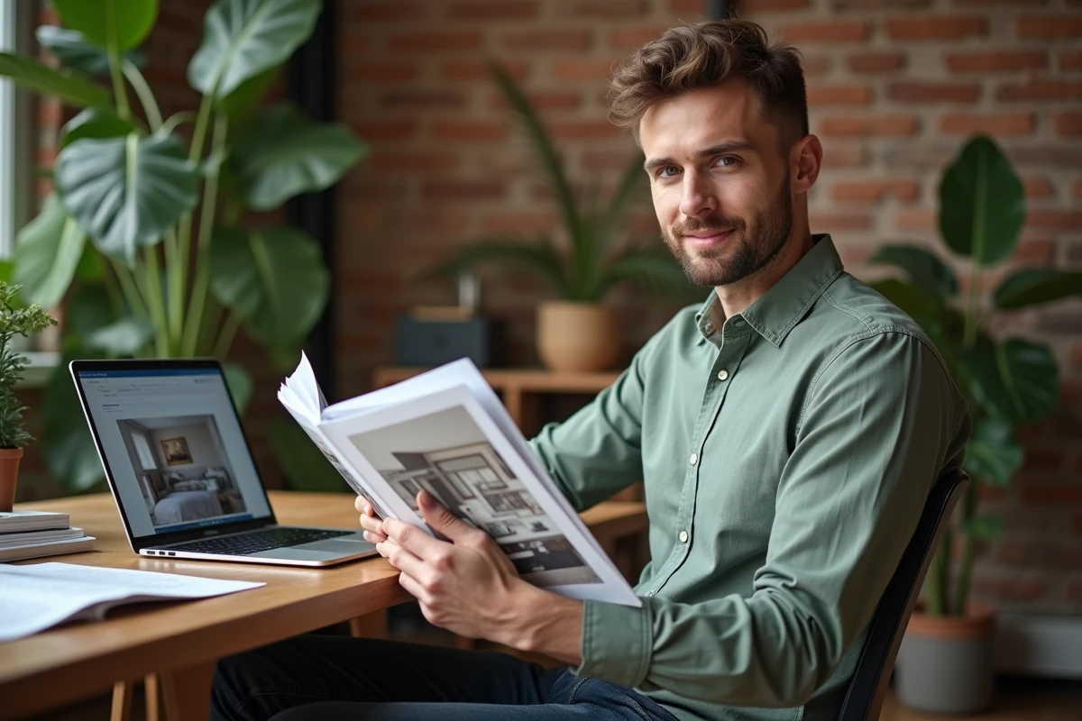 Jeune décorateur indépendant consultant son portfolio de projets d'aménagement intérieur dans un bureau à domicile aménagé