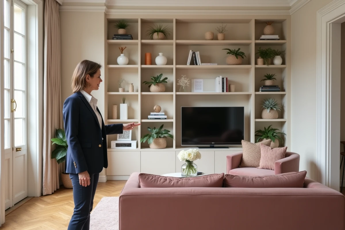 Décoratrice d'intérieur présentant un projet d'aménagement réalisé à son client dans un appartement haussmannien rénové