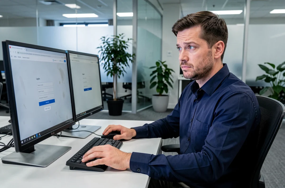 Homme en train de résoudre un problème de connexion sur un portail web dans un open space de bureau moderne