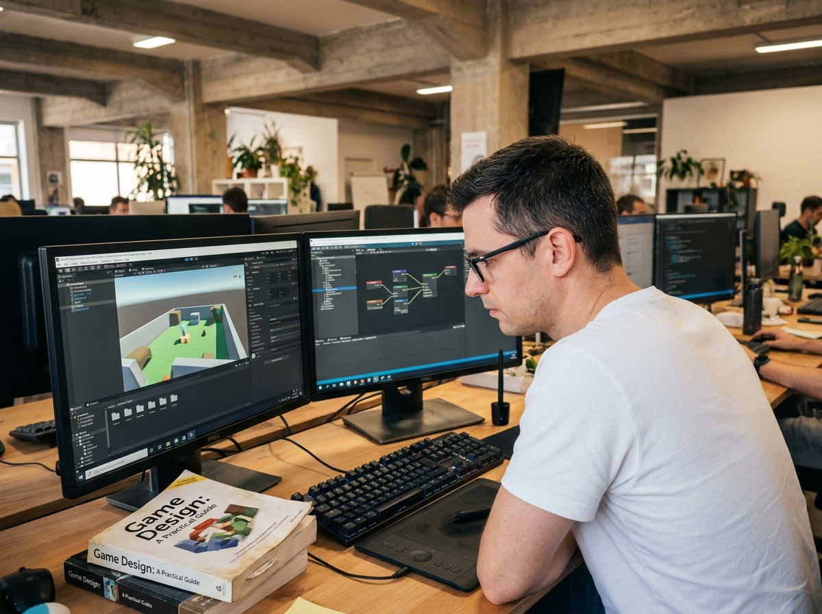 Designer de jeux vidéo travaillant sur un moteur de jeu dans un espace de coworking moderne avec plusieurs écrans